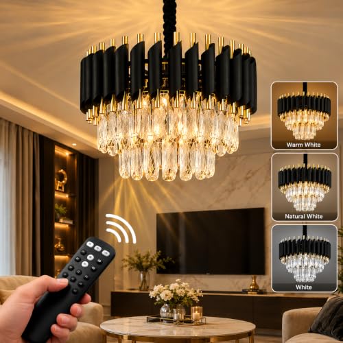 Image of Elegant Chandelier Ceiling Light for Living Room Hanging Pendant Light | Italian K9 Crystals | Metal Frame | Adjustable LED Light-Pack of 1 (Rotatable-300MM-Round-Black Gold-New)