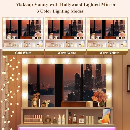 Image of Small Vanity Desk with Mirror and Lights, White Makeup Vanity with Chair, RGB Vanity Table Set with 2 Drawers & Power Outlets & LED Strip, 3 Color Modes & Adjustable Brightness for Women Girls Bedroom