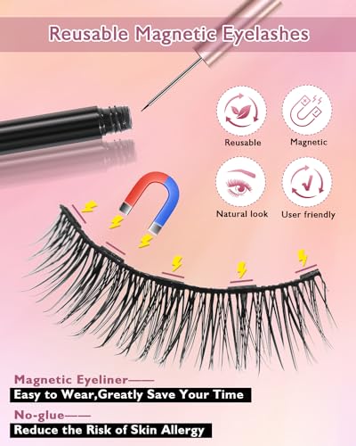 Image of Batfield 3 Pairs Magnetic False Eyelashes - Reusable Fake Eyelashes with Eyeliner and Tweezer - Artificial Eye Lashes for Women Natural Wispy(Style 6)