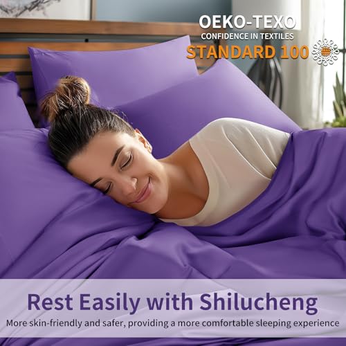 Image of Shilucheng 6 Piece King Sheet Sets, Cooling Sheets, Blend Rayon Derived from Bamboo, Deep Pocket Up to 16 inch, Breathable & Soft Bed Sheets, Hotel Silky Bedding Set, Purple