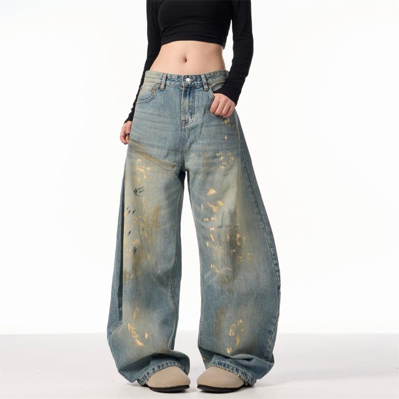 Neutral Retro Curved Jeans - Spring New, Splashed Ink, Worn Out, Straight Tube, Loose fit3