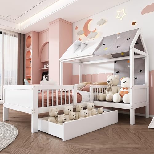 Soweiz Cama infantil de madera con forma de casa, cama individual, multifuncional, con tela de tienda, cojines, cajones inferiores, comodidad y seguridad, sin colchón, 90 x 200 cm, color blanco