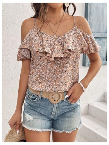 SweatyRocks Women's Ruffle Cold Shoulder Tops Floral Print Short Sleeve Summer Boho Blouses3