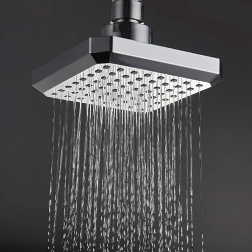 Image of HOUZA Square Shower Head for Bathroom | 4 Inch Single Flow Overhead Shower with Arm | Adjustable Bathroom Shower with Even Water Flow & Rust Resistant | Anti-Clog Silicone Nozzles for Wall Mounting