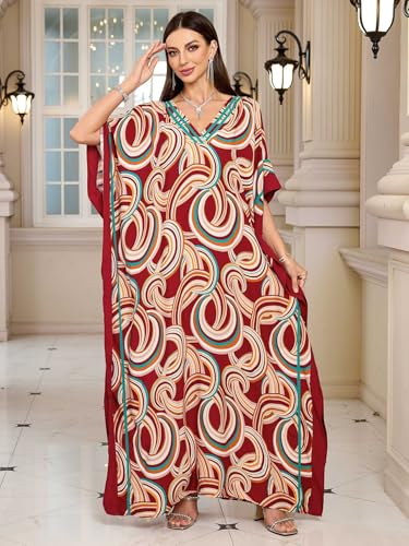 Image of KECVOT Kaftan Dresses for Women V-Neck Print Swimsuit Cover Up Plus Size Beach Caftan Lounge Dress