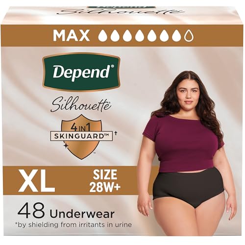 Image of Depend Silhouette Adult Diapers, Incontinence & Postpartum Bladder Leak Underwear for Women, Maximum Absorbency, Extra Large, Black, 48 Count (2 Packs of 24), Packaging May Vary