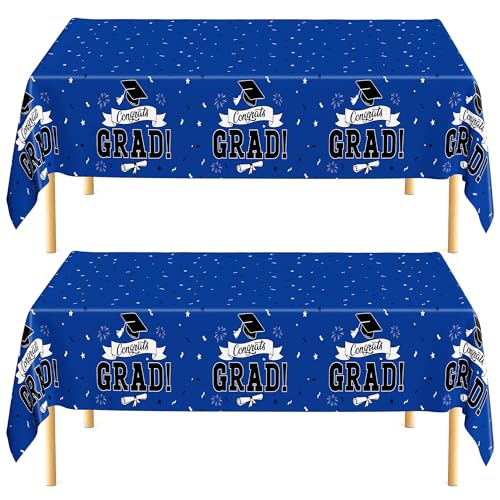 Image of QZYL 2 PCS Graduation Decorations 2026, 108 inch X 54 inch Blue Graduation Tablecloth, Disposable Plastic Class of 2026 Tablecover, Rectangle Congrats Grad Table Cover for Grad Decor Party Supplies for Kids