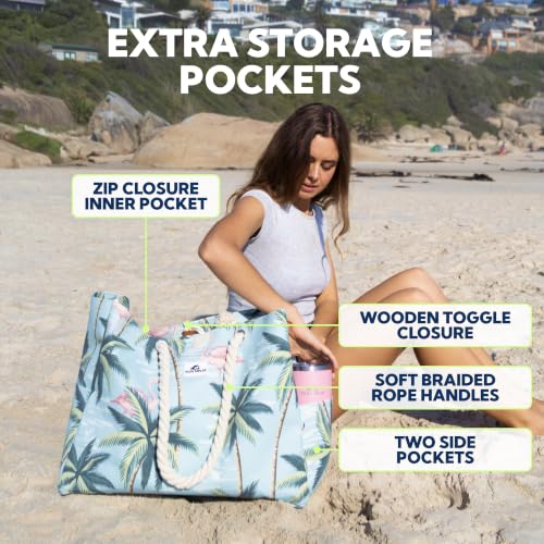 Image of SUN NINJA Canvas Beach Tote Bag with 3 Pockets and a Wooden Closure Toggle