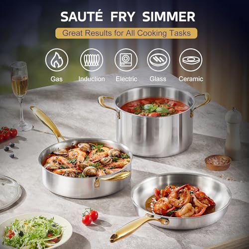 Image of Triple Ply Stainless Steel Pots and Pans Set, EWFEN 12 Piece Induction Cookware Set, Oven Dishwasher Safe | Frying Pans, Saucepans, Saute Pan & Stock Pot, PFOA Free Kitchen Skillet, Gold