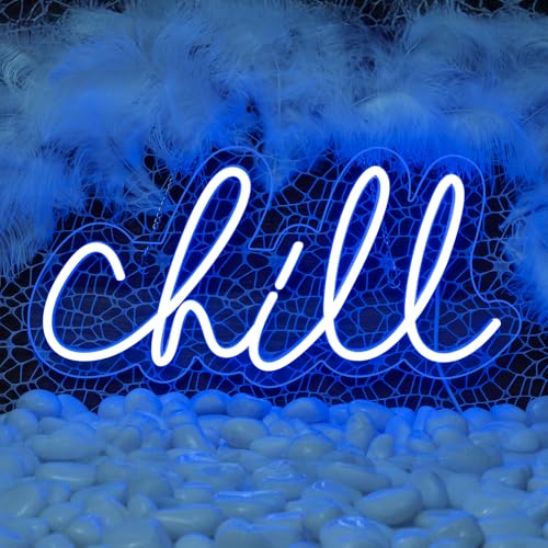 Image of Chill Neon Sign Blue Dimmable Wall Light Gift for Game Room Decoration | 14in*7in,Adjustable brightness (5 levels),Powered by USB,Applicable to Bar,Pub,Club,Party,Wedding,Engagement,Bedroom