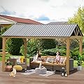 12' x 14' Hardtop Gazebo Outdoor Aluminum Gazebo with Galvanized Steel Gable Canopy for Patio Decks Backyard by domi outdoor living (Wood Looking)…
