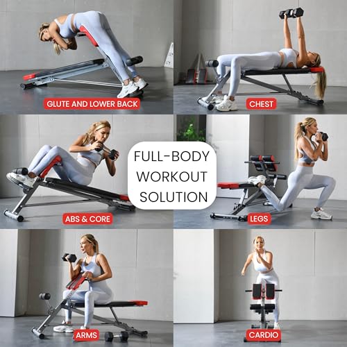 Finer Form Multi-Functional Weight Bench for Full All-in-One Body Workout – Versatile Adjustable Workout Bench for Home Gym. Fitness equipment perfect for Back HyperExtension, Bench Press, Roman Chair Exercise, Sit up. Adjusts to Decline or Flat Bench.