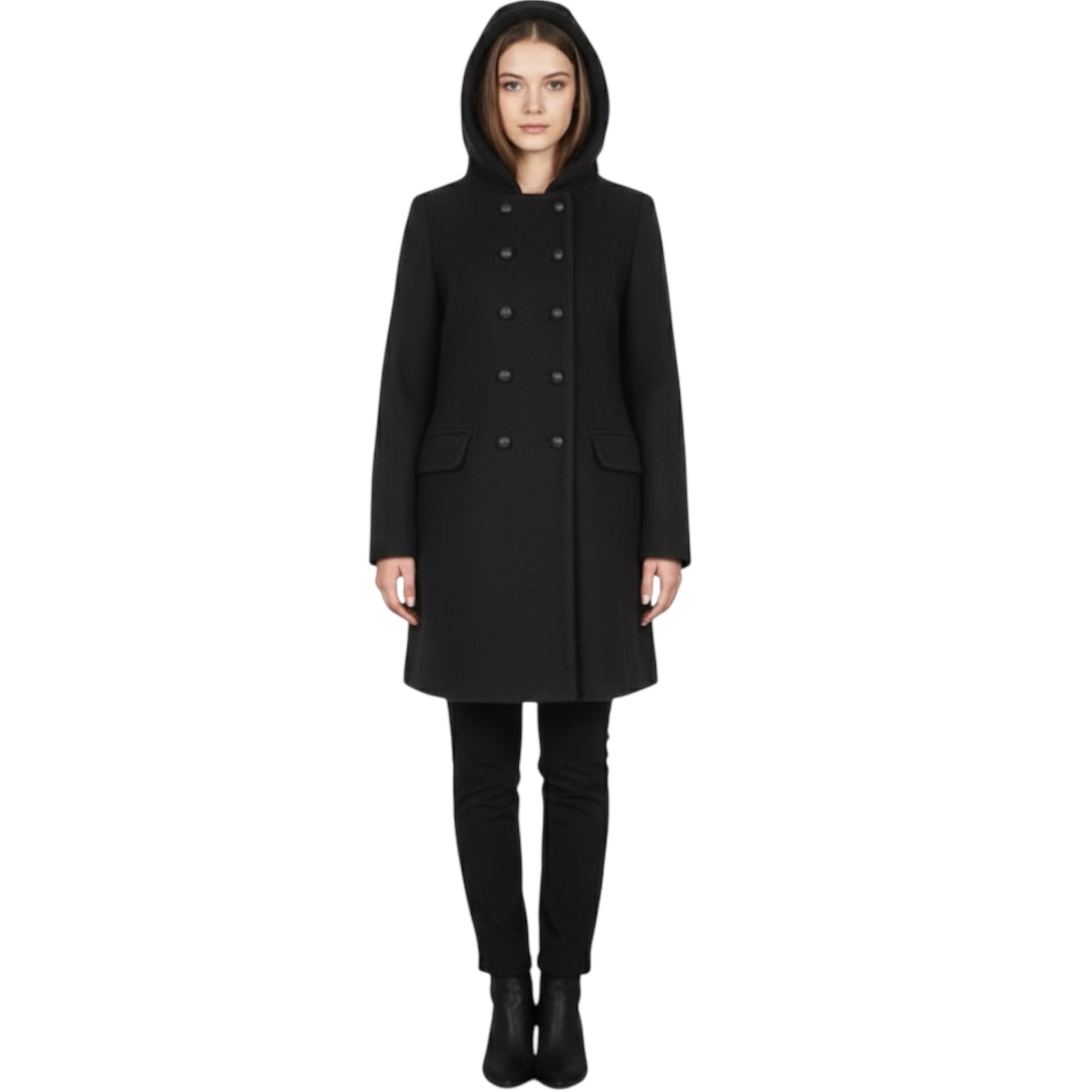 Women's Black Wool Blend Hooded Double Breasted Long Overcoat Winter Jacket Medium-picture-39