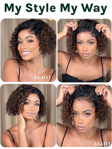 Image of KLAIYI Bye Bye Slip Ombre Chestnut Brown Bob Curly Glueless Precut 7x5 Lace Front Wigs Human Hair Side Part Drawstring Pre Plucked Bleached Knots 30S Ready to Put On and Go Wig with Dark Roots 8Inch