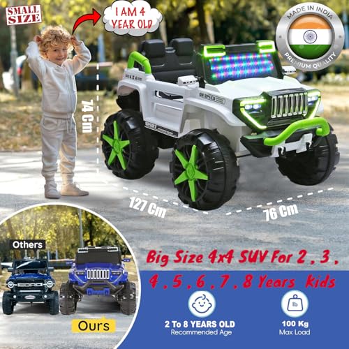 Image of Driving EV Cars for 1, 2, 3, 4, 5, 6 Years | Remote + Steering + Mobile App Control | Kids Jeeps (Thar Jumbo Size Jeep [1-8 Year Kids], White /Green)