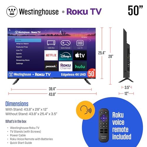 Image of Westinghouse Edgeless Roku TV - 50 Inch Smart Television, 4K LED UHD w /HDR 10, Wi-Fi & Mobile App Connectivity, Flat Screen Compatible w /Apple Home Kit, Alexa, & Google Assistant
