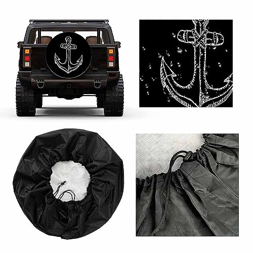 Image of Anchor Pattern Spare Tire Cover Ocean Nautical Ship Anchors Retro Black Weatherproof Universal Wheel Protectors Camper Tire Covers for Trailer Rv Travel(17 inch)
