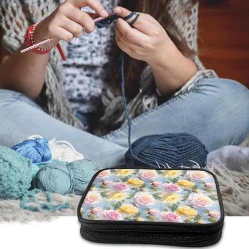Image of Yellow Pink Rose Crochet Hook Case Crochet Hook Holder Portable Storage Bag with Web Pockets Suitable for Needles /Knitting Accessories