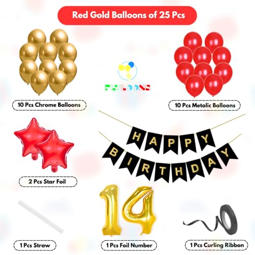 Image of Flyloons 14th Happy Birthday Decoration Kit Red Gold for Boys Girls Kids Twins Men Women With 20 Pcs Chrome Balloons Birthday Banner 2 Pcs Star Items Set