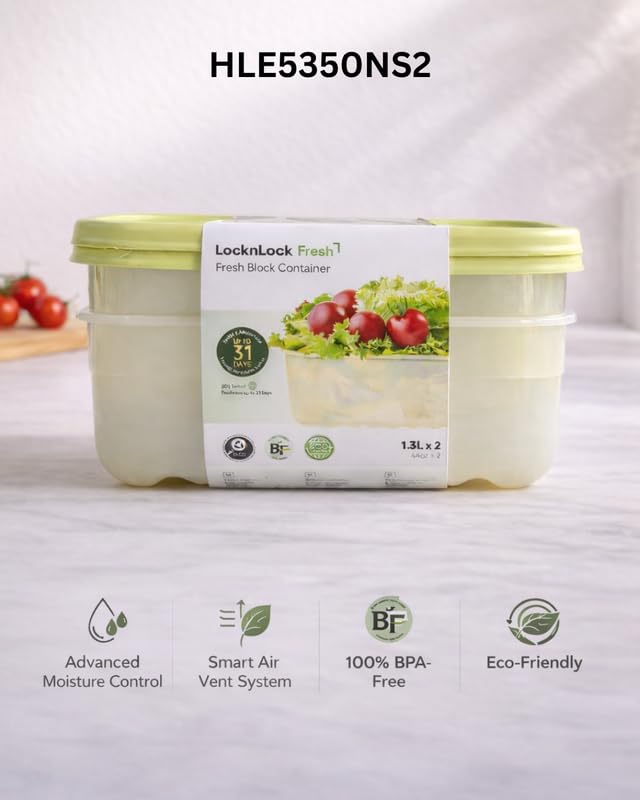 Image of LocknLock Fresh Block 1.3L Food Storage Containers (Pack of 2) | Airtight Fridge Storage Box with Air Vent System | BPA-Free Vegetable, Fruit & Grocery Storage Container