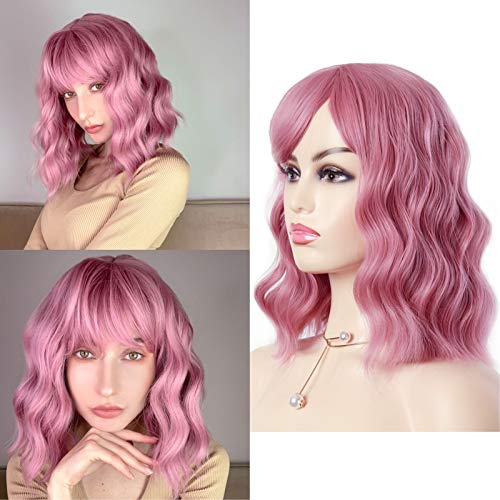 Pink Wigs with Bangs Synthetic Short Wavy Bob Pastel Wig Medium Length Wigs for Women Natural Looking Heat Resistant Fiber Hair for Colorful Cosplay Wigs(12-pink)