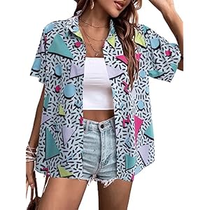 80s 90s Outfits for Women Retro Theme Party Disco Shirt 80s Hawaiian Shirt Neon Button Down Short Sleeve Blouse Tops