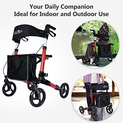 Health Line Massage Products Compact Rollator for Seniors, Aluminum Side-Fold Rolling Walker with Paded Seat, Cherry Red - Thumbnail 6