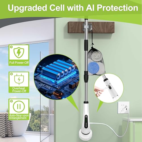 Image of WKY-Electric Spin Scrubber - Upgraded 10-in-1 IPX7 Waterproof Shower Scrubber, Retractable Handle & 2-Speed for Toilet, Bathroom, Bathtub, Tile Floors