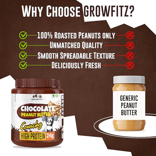 Image of Growfitz Peanut Butter Chocolate Crunchy 800g | 24g High Protein Peanut Butter | 7g Fiber | Tasty & Healthy Nut Butter Spread for Breakfast & Snacks | Zero Sugar