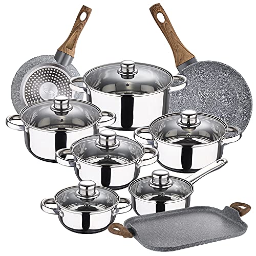 Bateria de cocina 12 piezas SAN IGNACIO Cassel en acero inoxidable con juego de sartenes (18/26 cm) y grill 35,5x28,3 cm SAN IGNACIO Daimiel en alumin