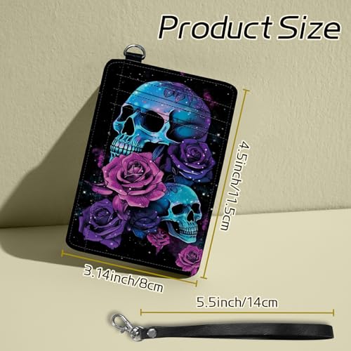 Image of Small Travel Wallets, Neon Sugar Skull Slim Minimalist Front Pocket Wallet with Wristlet, RFID Blocking PU Leather Credit Card Holder with ID Window Change Purse for Men Women