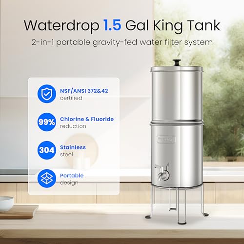 Image of Waterdrop TK15-A-FS Gravity Water Filter System, NSF /ANSI 42&372 Standard, Reduce Chlorine, Stainless-Steel Water System with 4 Filters, Metal Spigot and Stand for Home, Travel, Emergencies, 1.5G