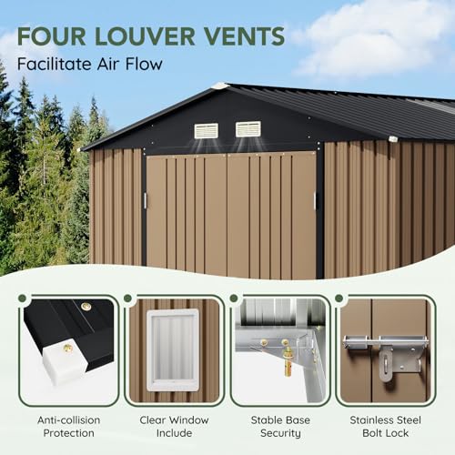 Image of Upgrade 10x12 FT Outdoor Metal Storage Shed with Floor Frame, Double Swing Doors, 2 Clear Windows, Replaceable Skylight Roof Panel, Tool Shed for Garden, Patio, Backyard Brown