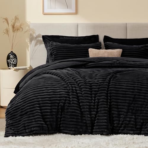 EXQ Home Fluffy Comforter Set Queen Size - Super Soft Faux Fur Stripe Jacquard Comforter 3 Pieces,...