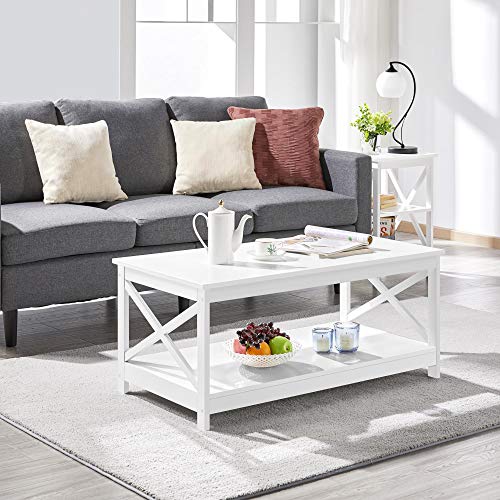 YAHEETECH Contemporary X-Design Cocktail Coffee Table with Storage Shelf, 2-Tier Center Table for Living Room Office, Sturdy Structure, White