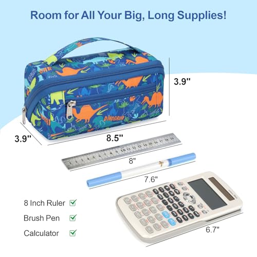 Image of Large Pencil Case for Boys, Durable Pencil Pouch for School, Wide Opening Soft Bag with Handle, Fits 50 Pens & Markers (Blue Dinosaur)