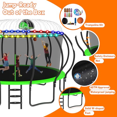 DeepRoar Tranpoline 8/10/12/14/15/16FT Pumpkin Tranpoline for Kids, Heavy Duty Outdoor Tranpolines with Basketball Hoop, Safety Enclosure Net, Light, Sprinkler, Socks, ASTM Approved