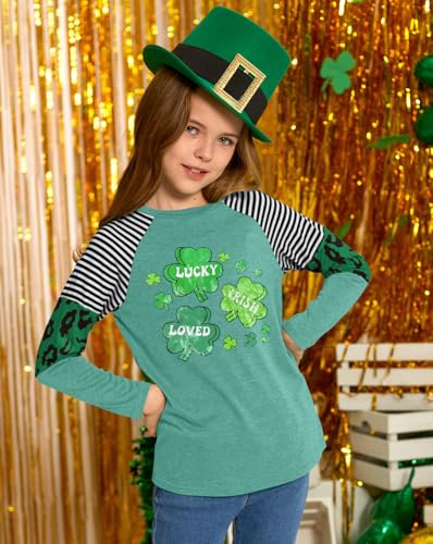 Image of BesserBay Girls St Patrick's Day Raglan Shirt Irish Sequin Lucky Stripe Shamrock Graphic Top 4-14 Years