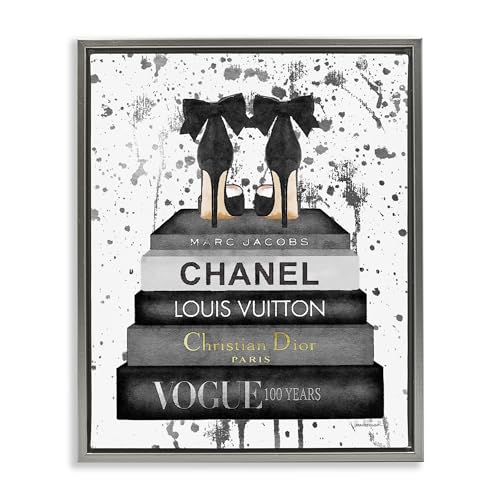 Image of Stupell Industries Glam Fashion Book Stack Grey Bow Pump Heels Ink, Design by Amanda Greenwood, 24 x 30, Grey Floater Framed | Stupell Industries | Gray, 25 x 31 Inches, Easy to Hang and Sturdy, Made in USA, by Amanda Greenwood