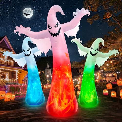 12FT Giant Halloween Inflatables Ghost with 3-Colored Flame Rotation LED