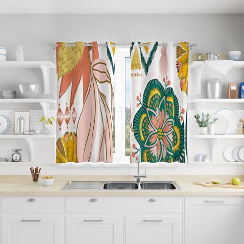 Image of Tyrot Boho Floral Grommet Blackout Curtains, 52W x 45L, 2 Panels | Botanical, Thermal Insulated, Heat Blocking Privacy, Short Window Drapes for Kitchen, Bathroom, and Basement