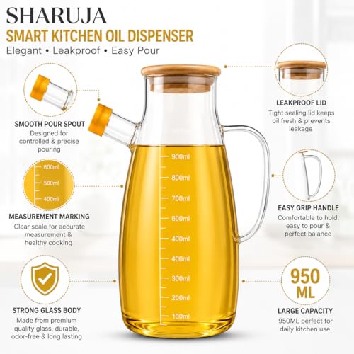 Image of Glass Oil Dispenser Bottle, Anti-Drip Spout, Leakproof Borosilicate Glass Oil Container with Measurement Markings for Kitchen, Olive Oil, Vinegar & Cooking (950, Milliliters)
