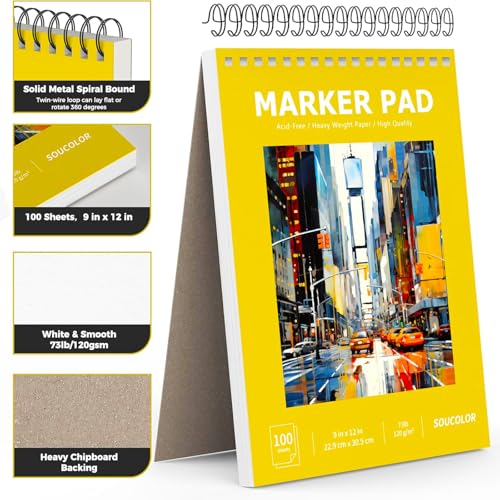 Image of Soucolor Marker Paper Sketchbook,Bleedproof Maker Paper 9 inchx12 inch | Professional Bleedproof Marker Pad for Alcohol Markers 100 Sheets 73lb /120gsm Thick No-Penetration Drawing Paper
