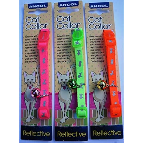 ANCOL ULTRA SAFE HI VIS REFLECTIVE SAFETY RELEASE NEON BRIGHT CAT COLLARS x 3 - one of each colour Cover