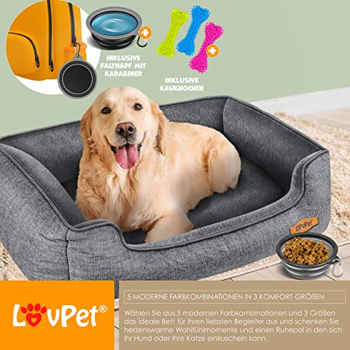Lovpet® Hundebett Hundekissen Hundekorb Chiller, Inkl. Napf + 3X Kauknochen, Hundesofa Kissen für Kleine, Mittelgroße & Große Hunde, Bezug abnehmbar und waschbar, L 90 x 75 x 25 cm Grau