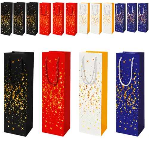Bolsas Para Garrafas de Vinho de Natal com Fortes Alças, 12 Bolsas Recicláveis de Papel Kraft para Embalagem de Vinho com Diferentes Padrões Presentes de Embalagem para Garrafas de Whisky Champanhe
