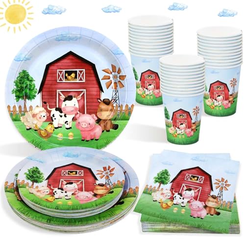 Heboland Bauernhof Geburtstag Deko Pappteller Kindergeburtstag Set, 100 Stück Bauernhof Pappteller Pappbecher Servietten für Kindergeburtstag Deko Junge Mädchen, 25 Gäste