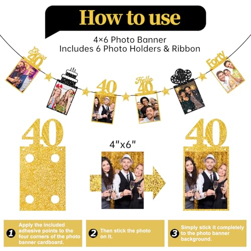 Image of Guiruiy Pre-strung Happy 40th Birthday Photo Banner Decorations for Men Women, Black Gold Glitter Hello 40 Birthday Photo Hanging Banner Party Supplies, Cheers to 40 Years Old Bday Sign