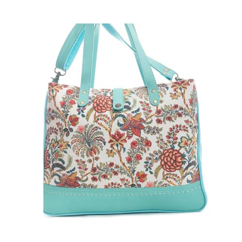 Myra Bag Western Leather Weekender Bag for Women - Upcycled Canvas Shoulder Handbag Turquoise2