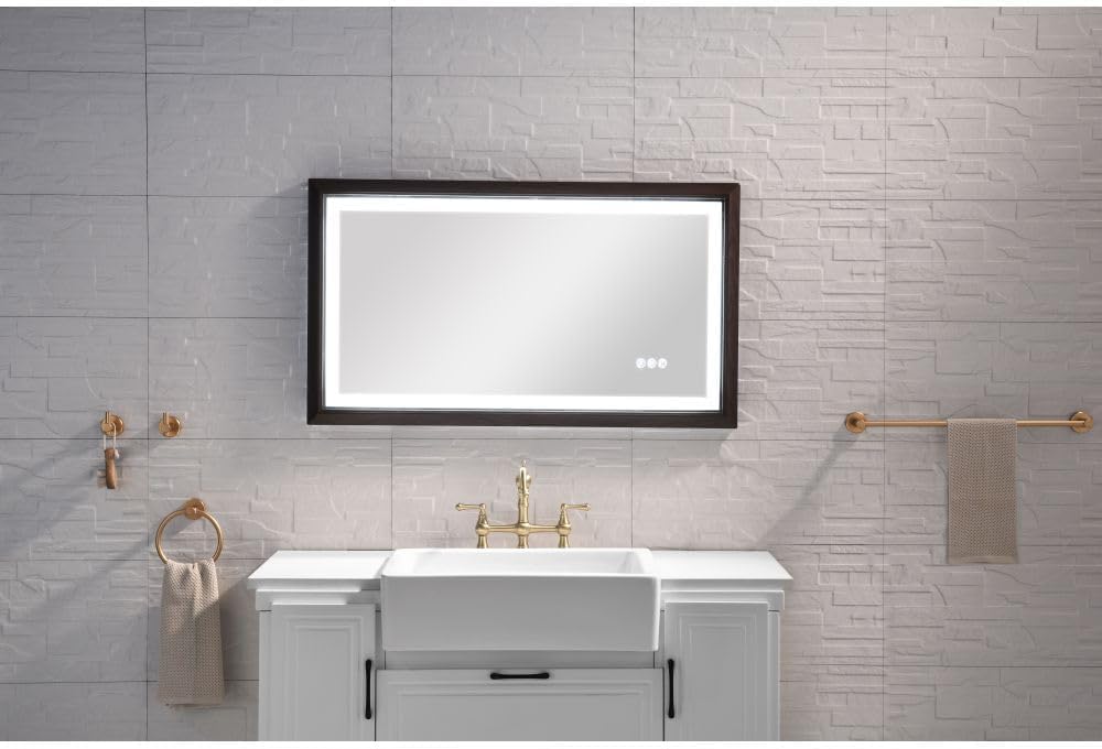 60 x 36 Inch LED Bathroom Mirror with Anti-Fog Function, Aluminum Frame Vanity Mirror, 3 Color Temperatures, Dimmable Lighting for Modern Bathroom Decor (Brown + Aluminium + Glass)